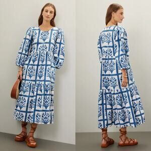 SZ Blockprints Orti Dress Floral Print Long Sleeve Tiered Midi Blue White Small